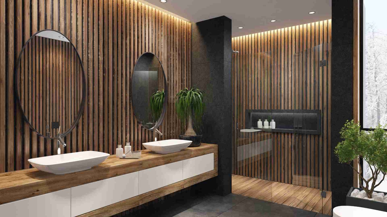 Illustrative premium bathroom with dark timber finishes, twin basins and round mirrors
