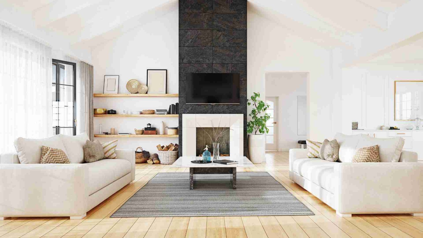 Illustrative bright refurbished living room with sofas, shelving and timber flooring