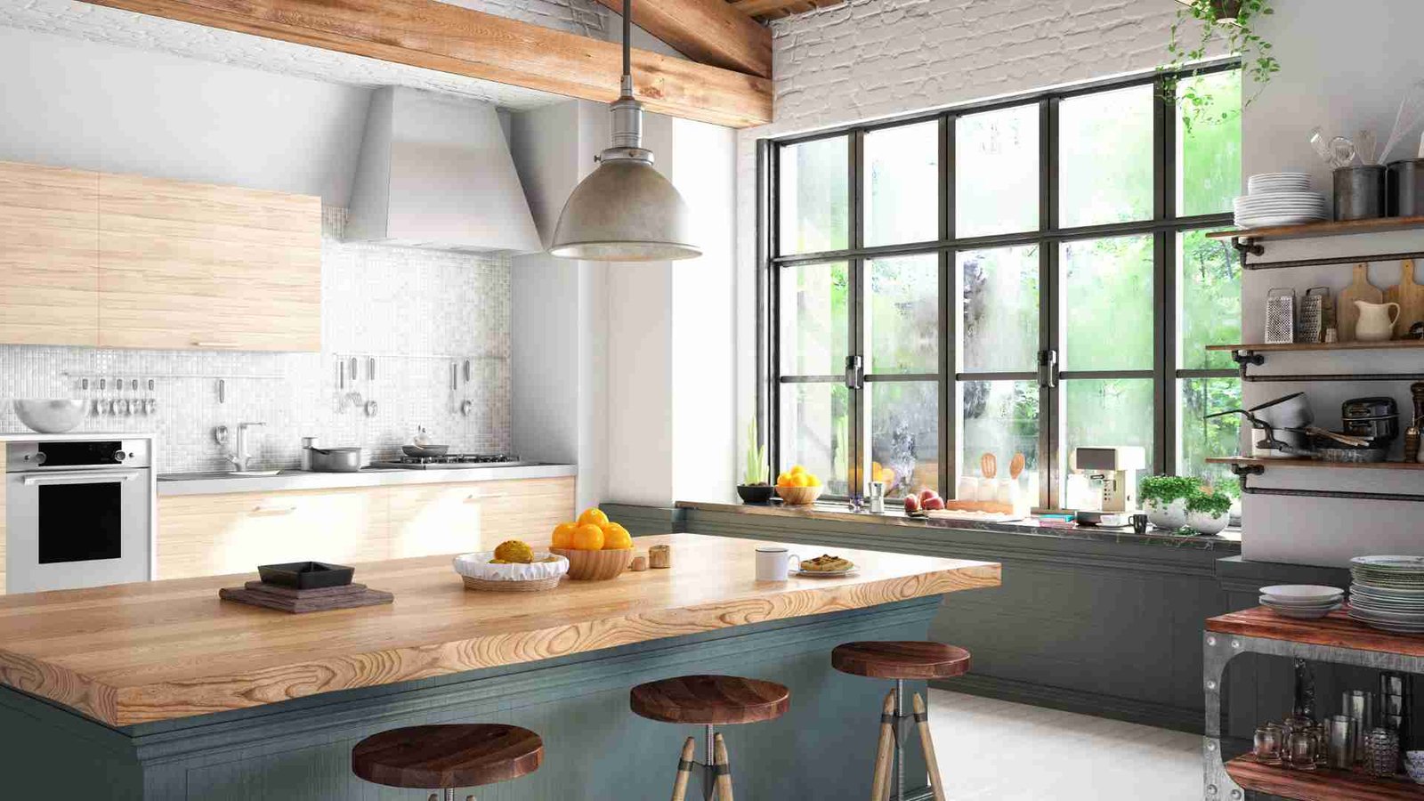 Illustrative contemporary kitchen with a timber island and large dark framed window